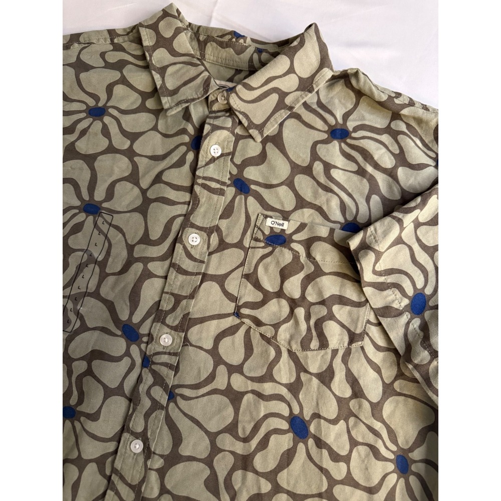 O'Neill Mens OG Eco Print Short Sleeve Button Up Shirt Olive Brown Large